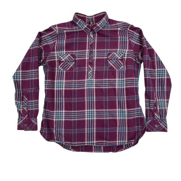 Kuhl Tops - Kuhl Womens Flannel Shirt Long Sleeve 1/2 Snap Button Purple Teal Plaid Large